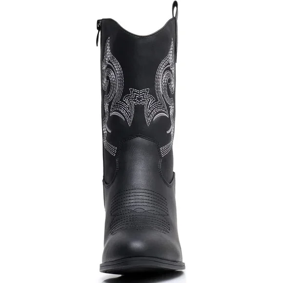 GLOBALWIN Cowgirl Boots Women's Black Faux Leather Mid Calf Chunky Low Heel